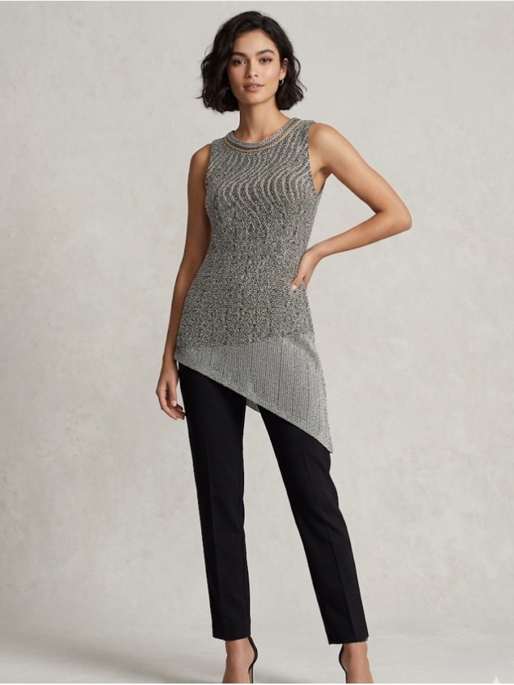 Frank Lyman Silver/gold/black Metallic Asymmetrical Knit tunic
